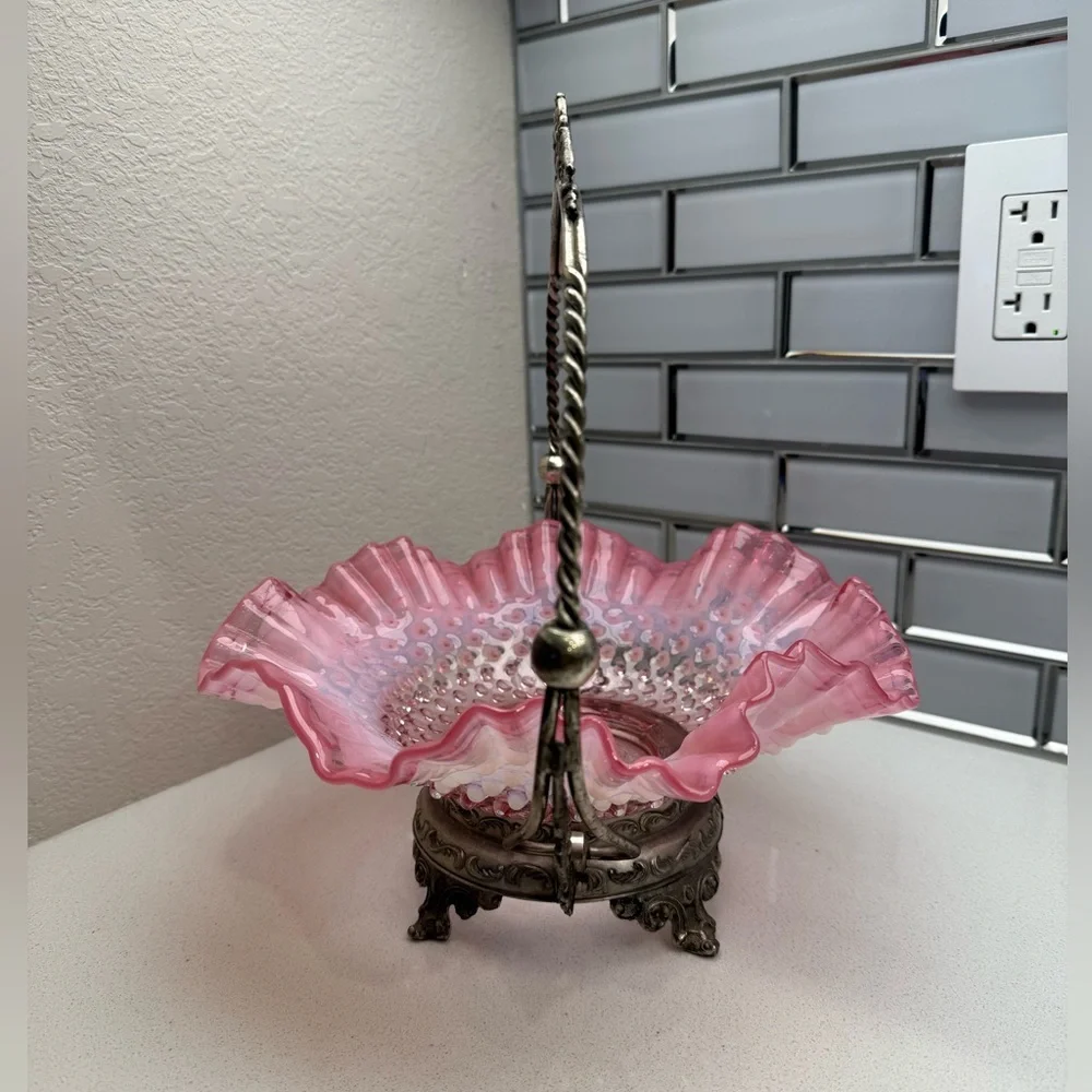 Vintage Bride's Basket Fenton Pink Hobnail Ruffled Bowl with Metal Holder